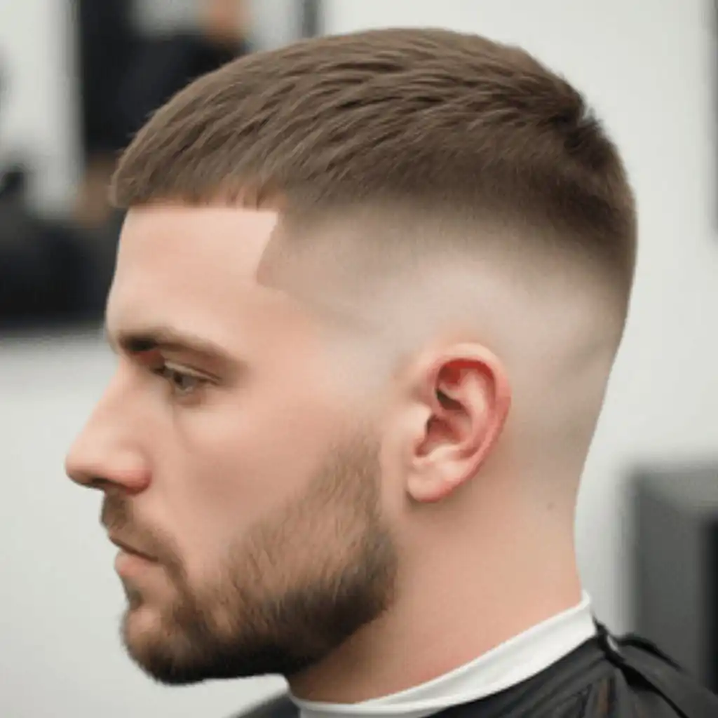 26 On-Trend Men's Crop & Crew Cuts 1 A close-up of a man's short hairstyle, showcasing MEN'S CROP & CREW CUTS with a neat fade and top styled to the side, set in a modern barbershop environment.