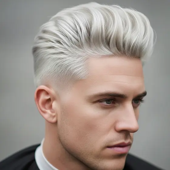 A person with platinum blonde hair styled in a voluminous pompadour, representing a popular trend in bleached hairstyles men, looks off to the side. The soft grey background highlights the sleek, modern hairstyle.