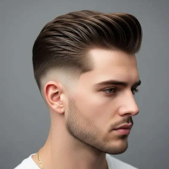 A stylish haircut featuring voluminous, slicked-back hair with a tapered drop fade for men on the sides, showcasing modern grooming trends.