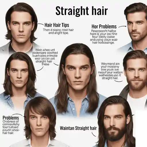 Essential Steps to Every Men's Hairstyle 1 A collage of people showcasing various styles of straight hair, with tips and issues related to hair care outlined alongside their images, illustrating the essential steps to every men's hairstyle.