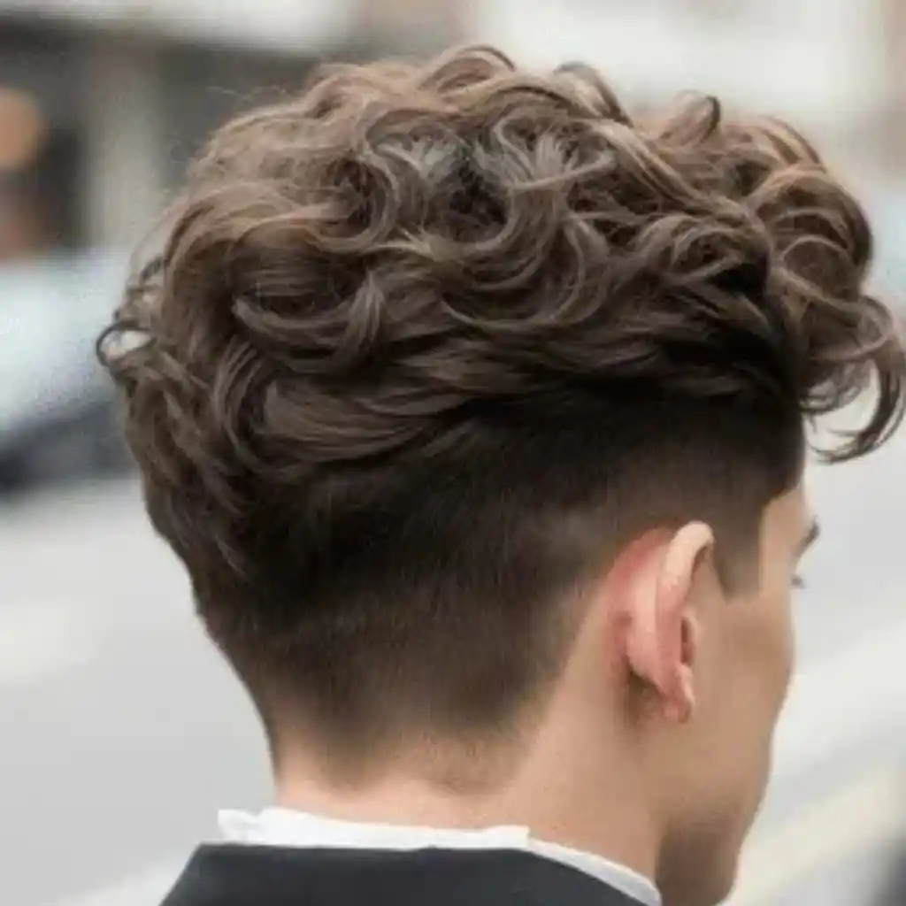 Top 24 Men Hairstyle Curls Choices 1 A young man showcasing Men Hairstyles Curls, with curly brown hair and a faded undercut, viewed from behind while walking on a city street.