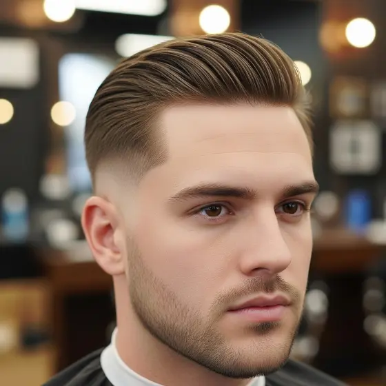The Best Hairstyles for Drop Fade for Men 4 A stylish haircut featuring a slicked-back top with a faded undercut, showcasing a drop fade for men, set against a blurred barbershop background.