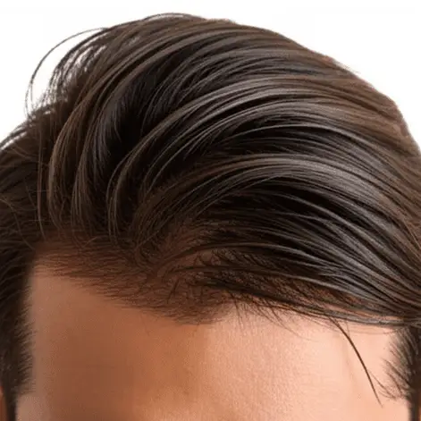 Close-up of styled dark brown hair with a smooth, glossy finish, showing natural texture and subtle waves at the front, ideal for addressing greasy hair men's hair concerns.