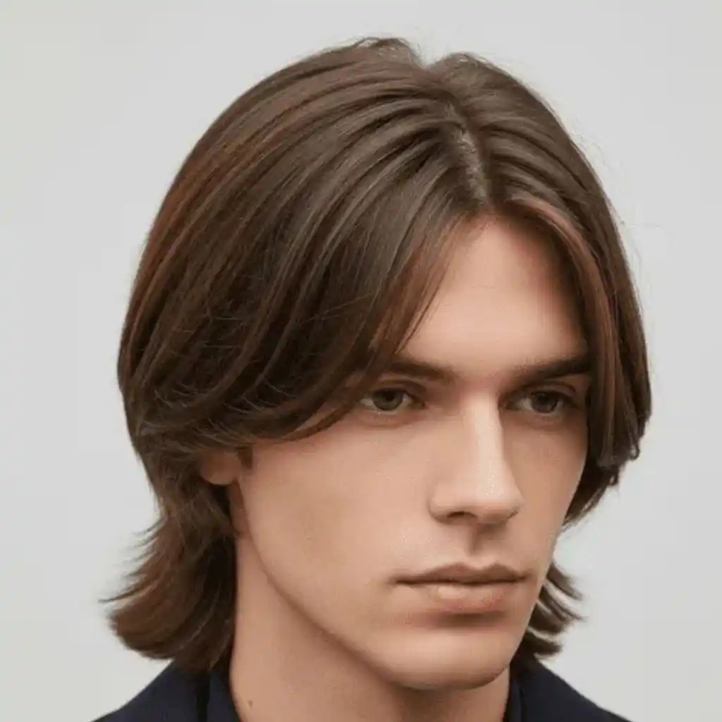 A person showcasing MEN HAIRSTYLES LONG FACE with long, wavy dark brown hair, wearing a black blazer over a white shirt against a neutral background.