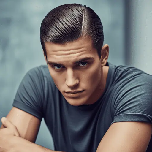 A young man with straight, slicked-back hair wearing a gray shirt leans on his arms, showcasing one of the trendy young men hairstyles for straight hair, set against a blurred background.