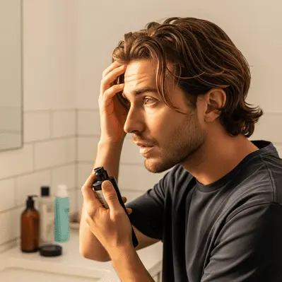 A person with wavy hair is applying hair product in a bathroom, showcasing a growing hair out hairstyle, surrounded by various grooming items on the countertop.