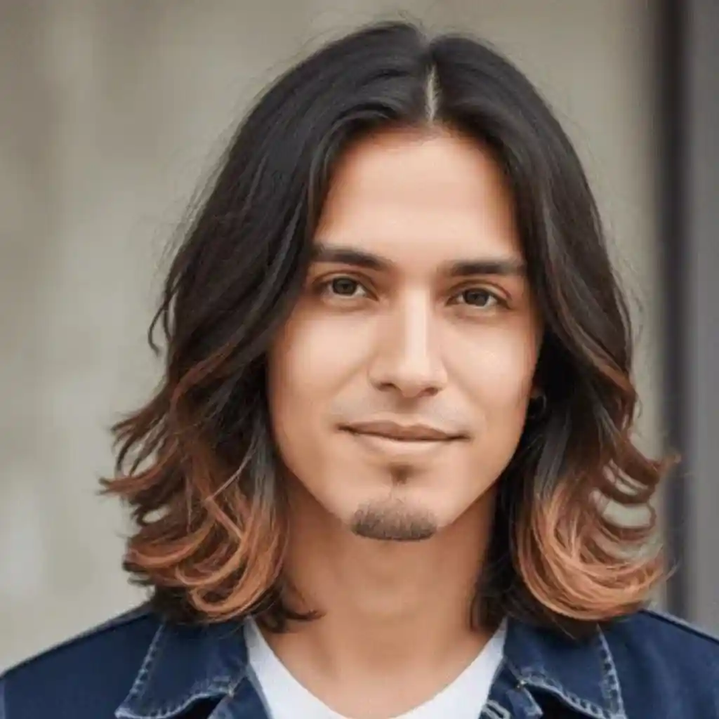 A person showcasing Long Hair Styling for Men with long, wavy hair featuring brown and auburn highlights, wearing a denim jacket over a white shirt.