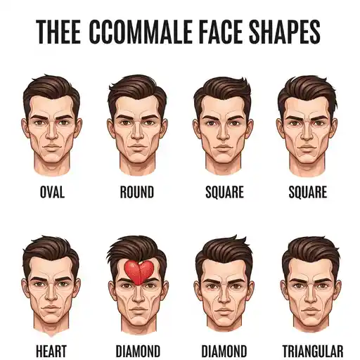 Illustration displaying various male face shapes—oval, round, square, heart, diamond, and triangular—each labeled accordingly, highlighting the essential steps to every men's hairstyle based on face shape.