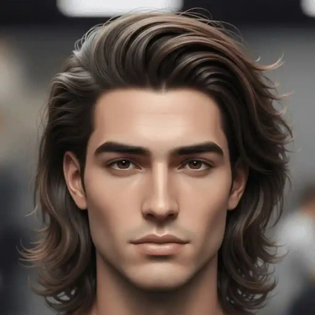 A person with long, wavy hair styled elegantly, wearing a dark shirt, showcasing one of the trending men hairstyles for long face shapes, set against a softly blurred background.