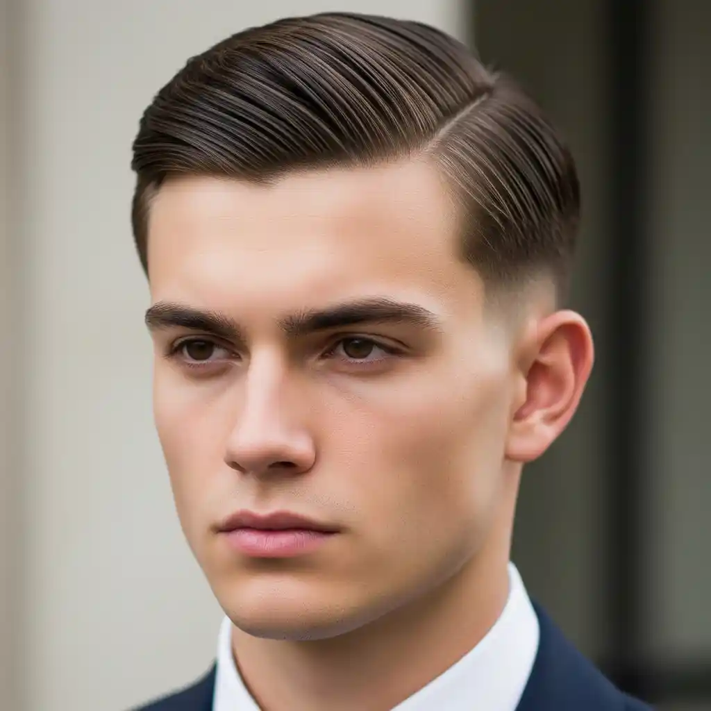 A young man in a formal suit with a neatly styled haircut, representing Young Men Hairstyles Straight Hair, stands against a blurred background, exuding confidence and elegance.