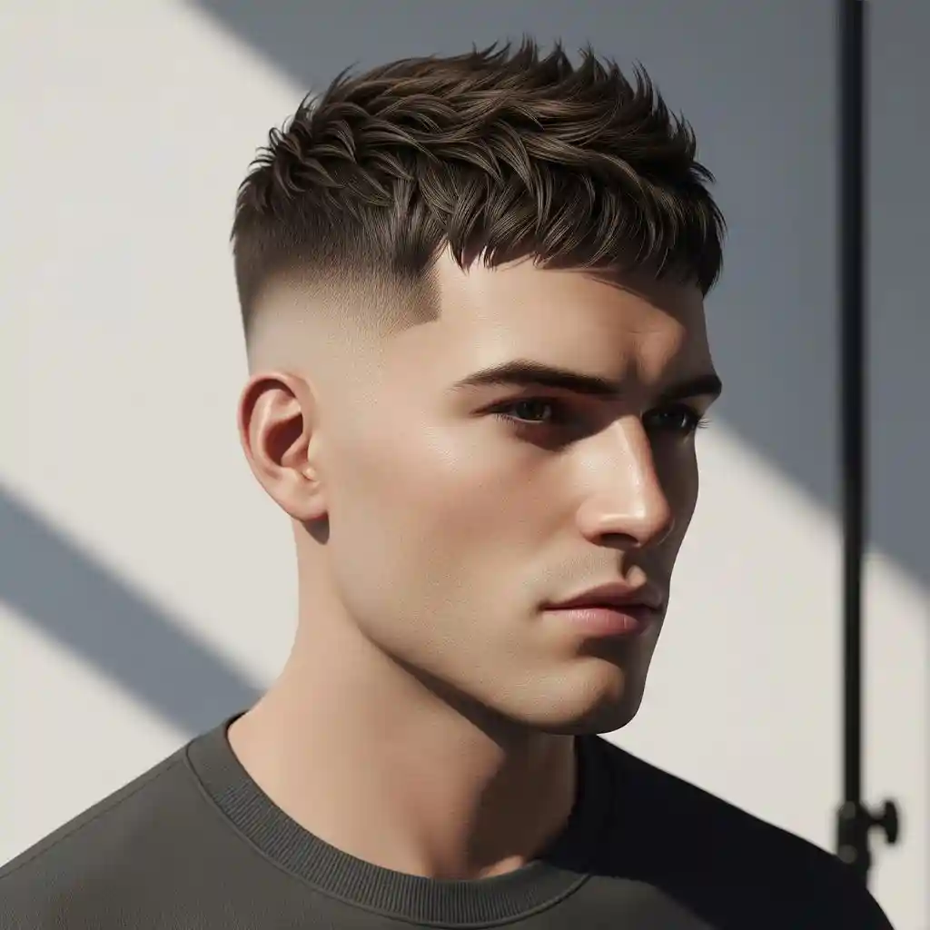 A close-up of a male showcasing a stylish MEN'S CROP & CREW CUTS hairstyle, featuring a textured, short look with a faded cut, wearing a dark crewneck sweater against a softly lit background.