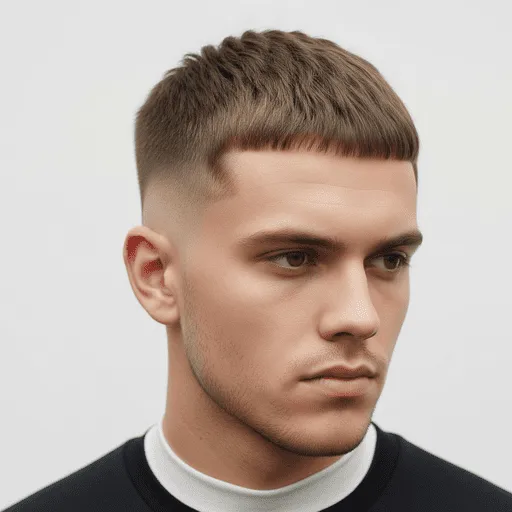 A close-up of a young man showcasing Young Men Hairstyles Straight Hair, featuring a stylish, short haircut while wearing a black top with a white collar against a light background.