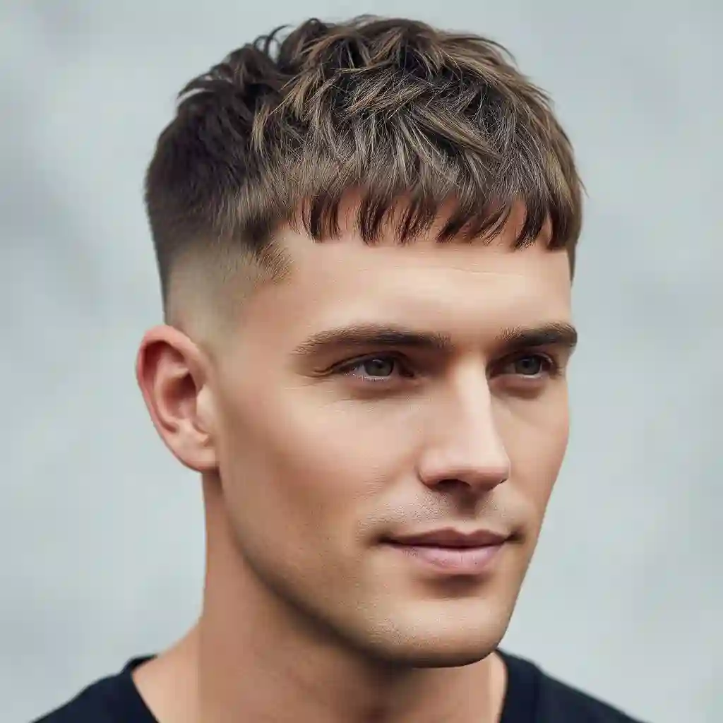 A man showcasing MEN'S CROP & CREW CUTS with stylish, textured hair and a fade cut, wearing a black shirt against a soft gray background.