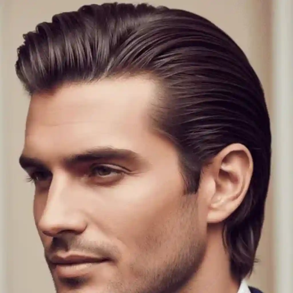 A close-up of a stylish man’s hair, featuring sleek, well-groomed dark strands, showcasing one of the best men hairstyles for an oval face, set against a soft beige background.