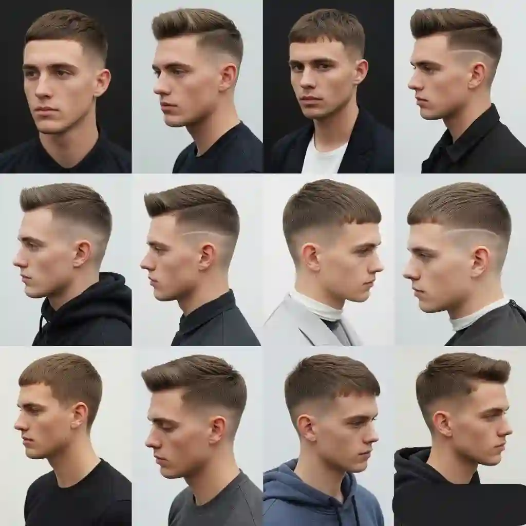 A collage of twelve side profiles showcasing various MEN HAIRSTYLES LONG FACE, featuring different cuts and styles suitable for long face shapes, set against neutral backgrounds.