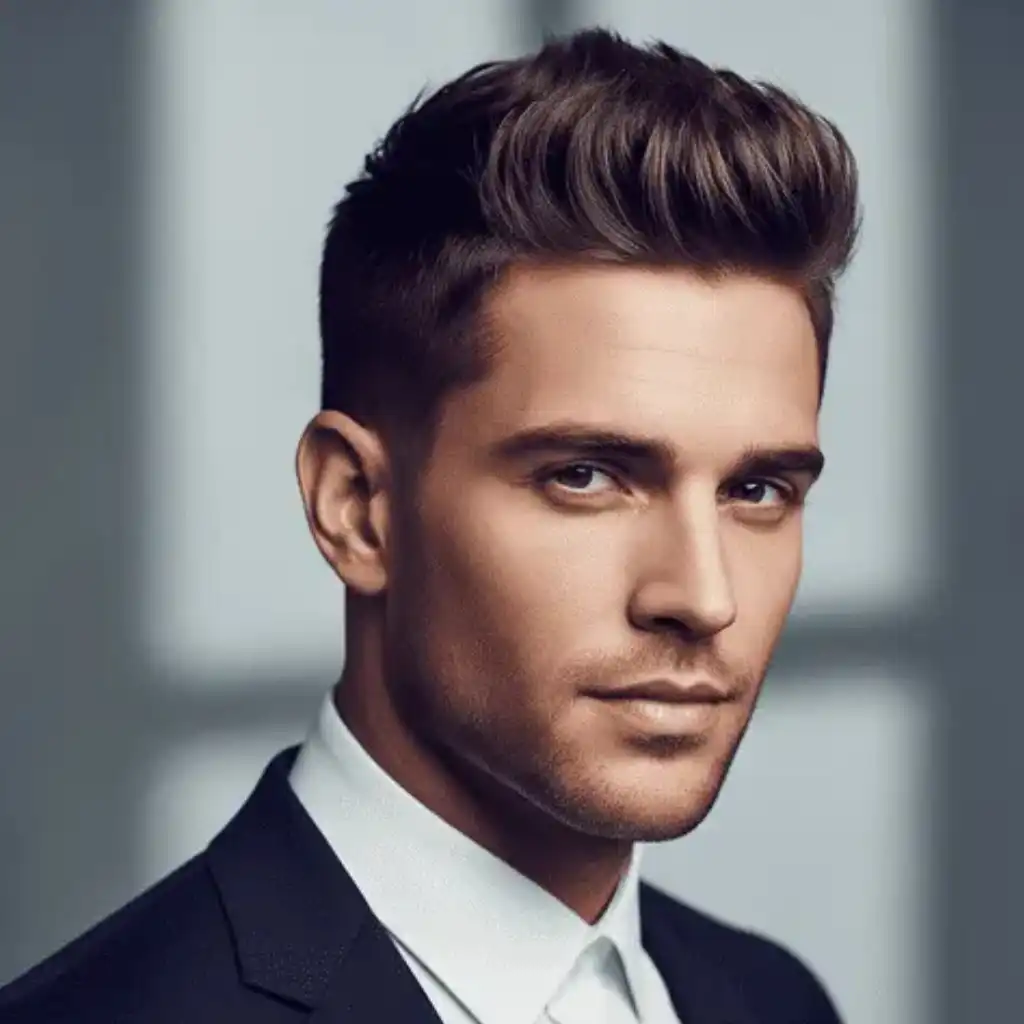 A young man with modern men short hairstyles, wearing a sharp black suit and white shirt, posing confidently against a softly blurred background.