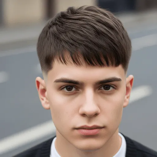 A young person showcasing Young Men Hairstyles Straight Hair, with short brown hair, standing on a street wearing a black jacket over a white shirt, with a blurred background.