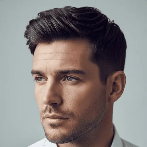 A close-up of a well-groomed male hairstyle, featuring neat, wavy hair styled in a modern variation of Edgar haircuts for men, set against a soft gray background.