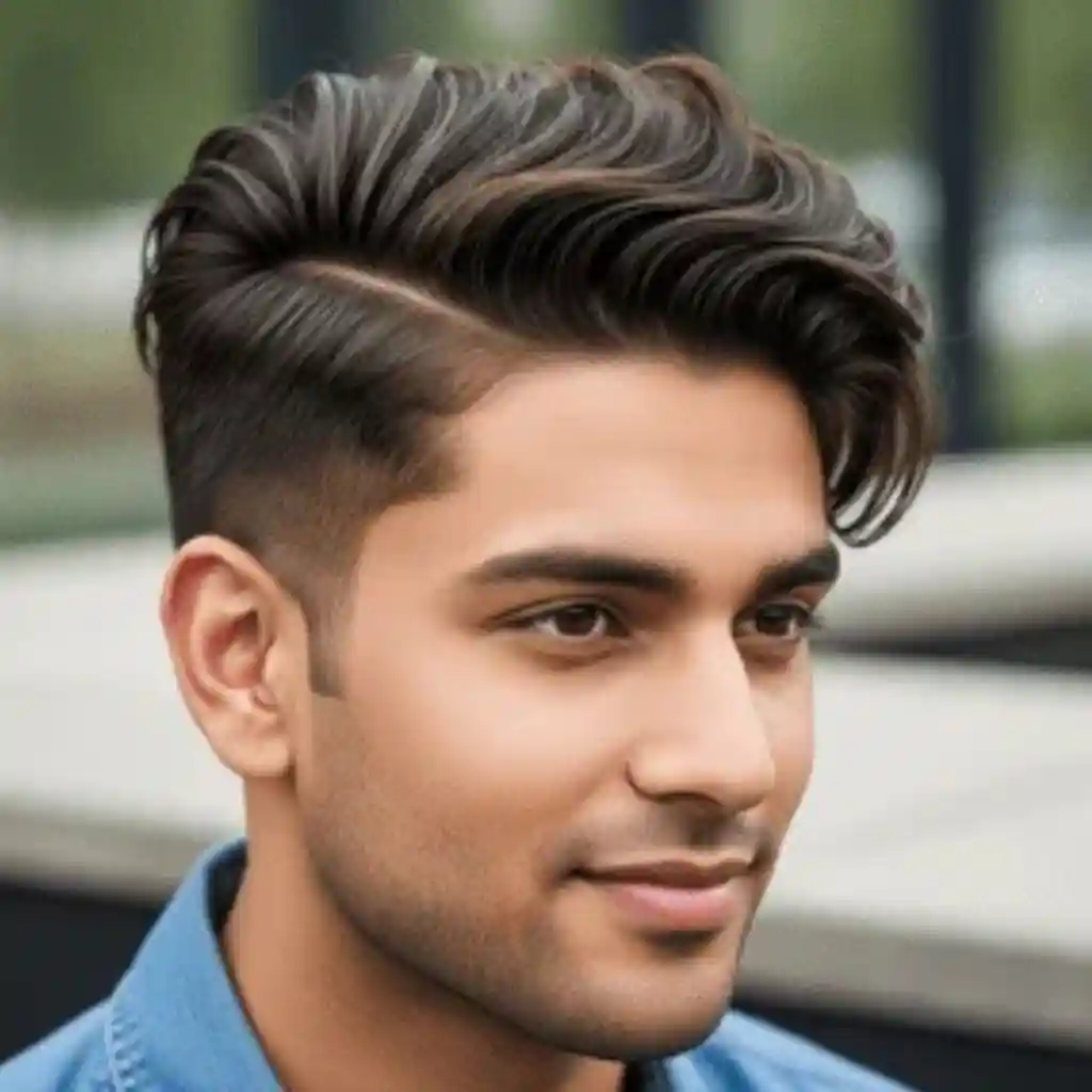 A young person showcasing trendy men hairstyles Indian style, with stylish, wavy dark hair, wearing a denim jacket, posing against a blurred outdoor background.