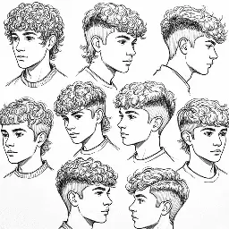 A collection of nine artistic sketches showcasing various teenage boy haircuts from different angles, highlighting curly and textured hairstyles.