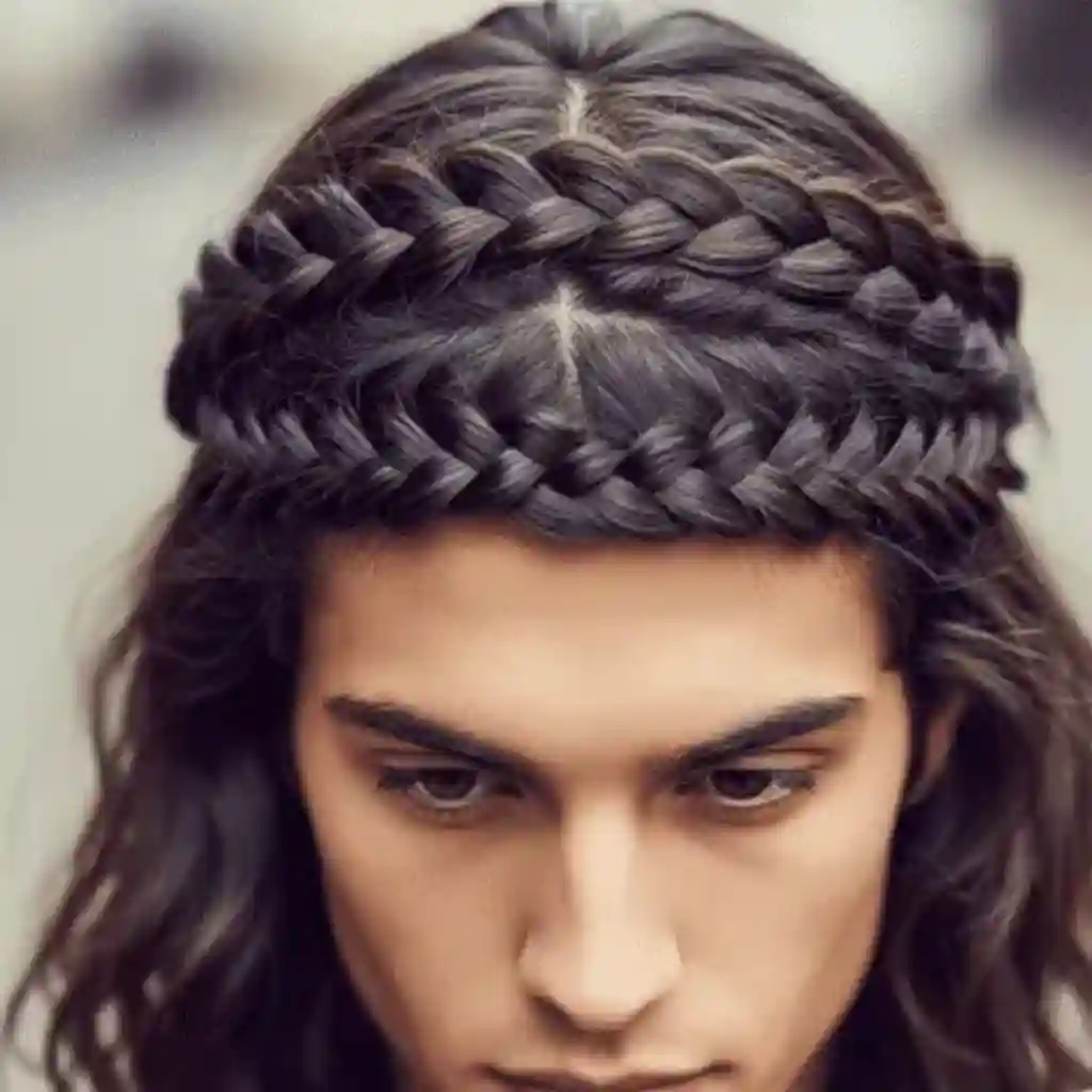 Long Hair Styling for Men featuring intricately styled hair with two symmetrical braids woven along the crown and soft, cascading waves framing the locks.