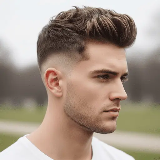 A young man with stylish, tousled hair and a close-cropped cut, showcasing one of the popular Edgar haircuts for men, wearing a white T-shirt outdoors in a blurred green park setting.