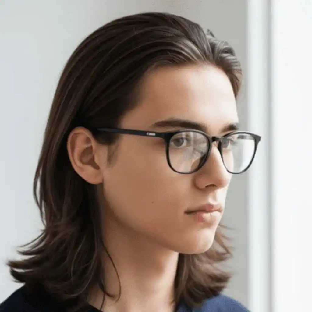 A young man showcasing stylish men hairstyles with glasses, featuring long, dark hair, standing in front of a window with soft natural light illuminating the scene.