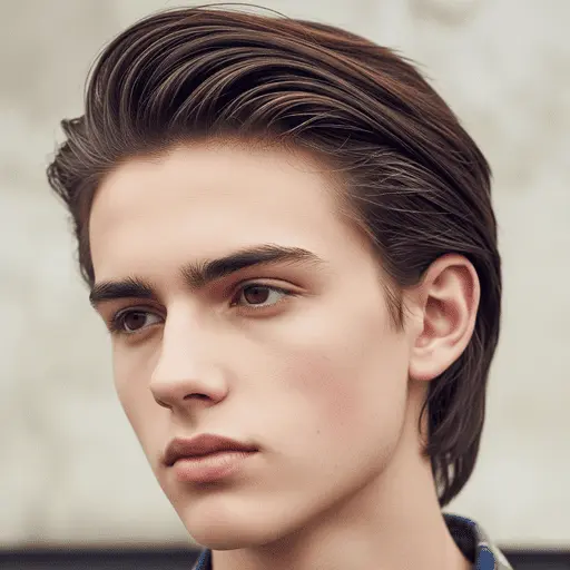 A stylish young man showcasing a trendy look with neatly combed straight hair, representing young men hairstyles straight hair, wearing a casual shirt against a blurred background.