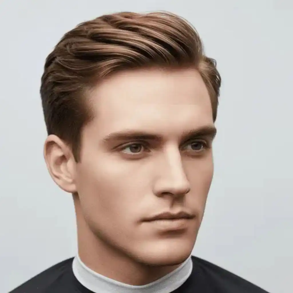 A person showcasing MEN HAIRSTYLES LONG FACE with stylish, medium-length hair styled back, wearing a black barber’s cape with a white collar against a neutral backdrop.