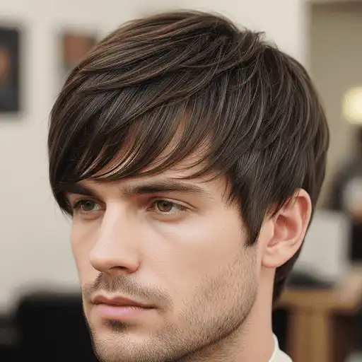 A person with stylish, textured brown hair styled in one of the fringe hairstyles for men, in a well-lit salon with soft furnishings and blurred artwork in the background.