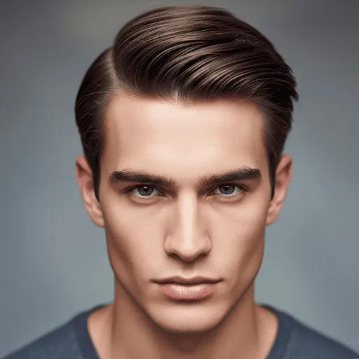 A portrait of a young man with stylish, slicked-back straight hair, showcasing young men hairstyles straight hair, wearing a grey shirt and set against a soft, blurred background.
