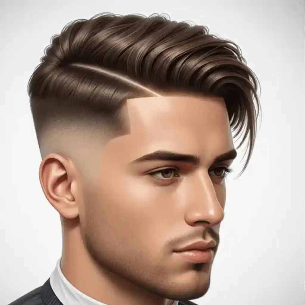 A close-up of a stylish haircut for men hairstyles long face, featuring a voluminous top and faded sides, set against a clean, bright background.