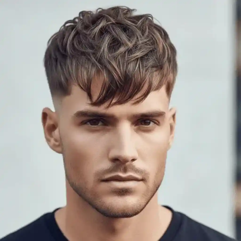 A young man showcasing modern men short hairstyles with curly hair, wearing a black t-shirt, poses against a soft, blurred background.