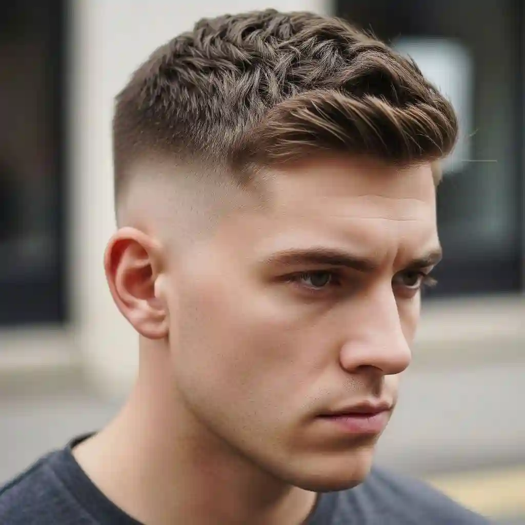 A close-up of a young male with stylish, textured hair and a faded haircut, showcasing modern grooming trends and men's crop & crew cuts.