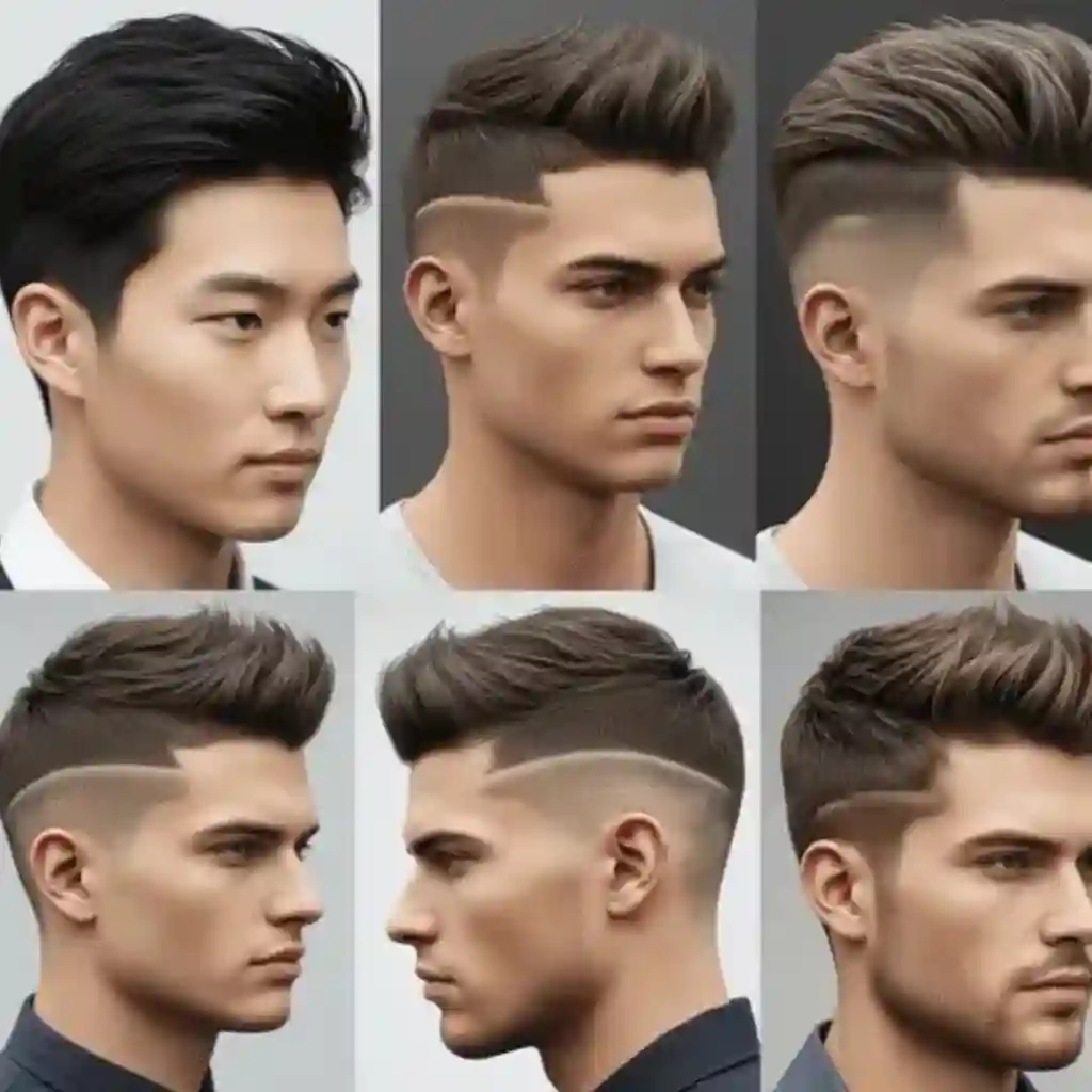 A collage of six MODERN MEN SHORT HAIRSTYLES showcasing various trendy cuts and styles, including fades and textured tops against a dark background.