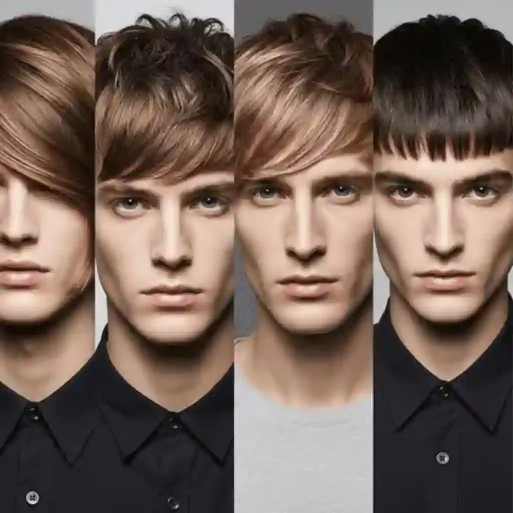 Five portraits of young men showcasing a variety of MEN HAIRSTYLES LONG FACE, with different collar styles, highlighting their clothing, hair texture, and how each hairstyle suits a long face shape.