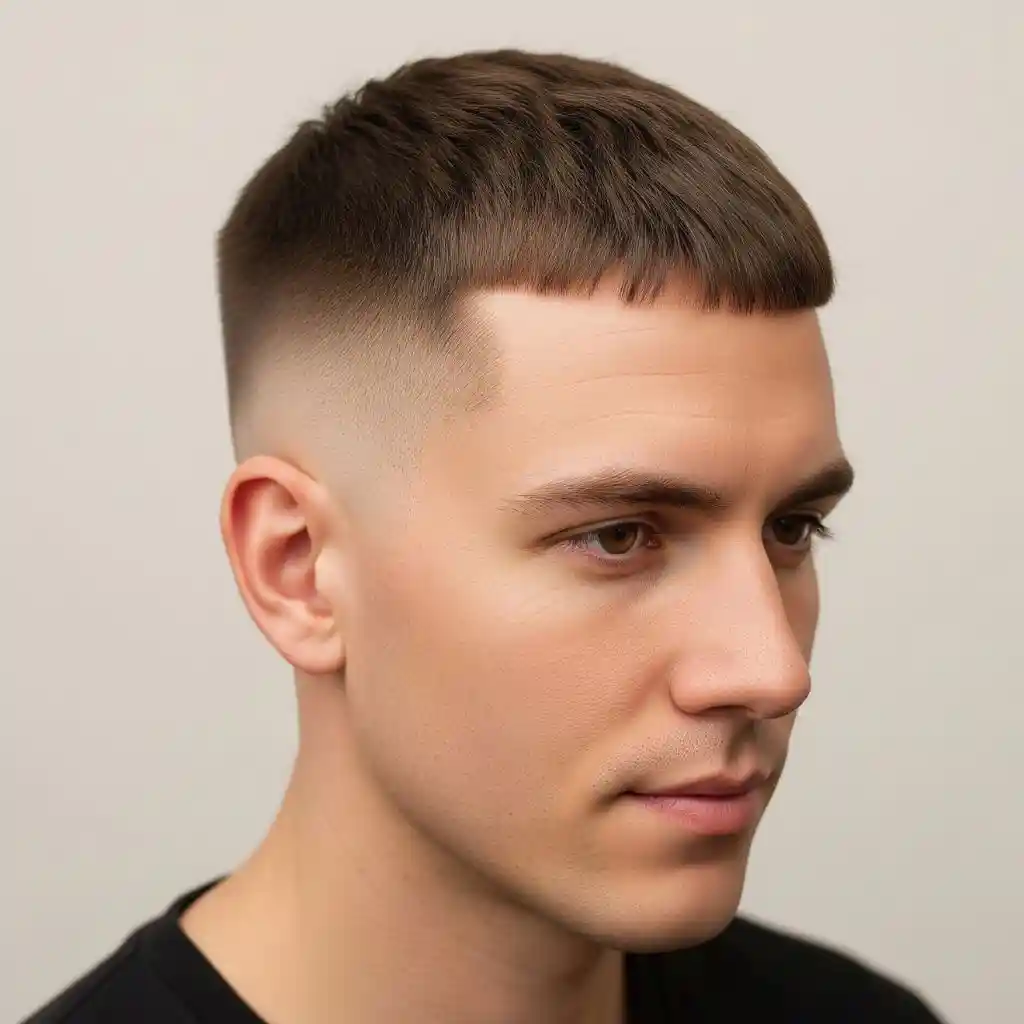 A young man with men's crop & crew cuts, featuring a stylish short haircut with a fade, wearing a black shirt, against a neutral background.