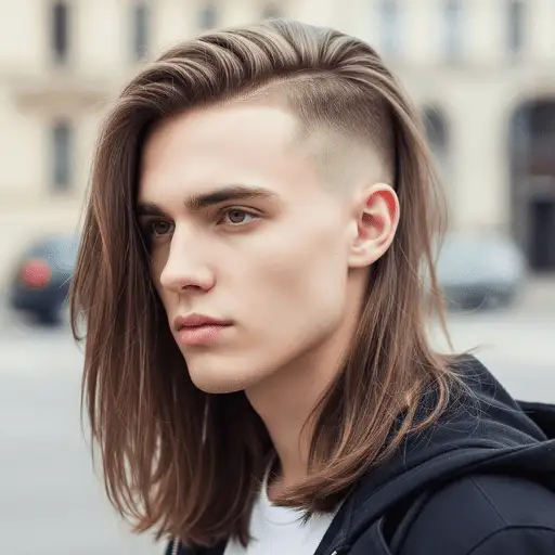 A young man with straight hair styled in a trendy, tousled look, wearing a stylish urban outfit, stands outdoors with blurred city buildings and cars in the background — showcasing young men hairstyles for straight hair.