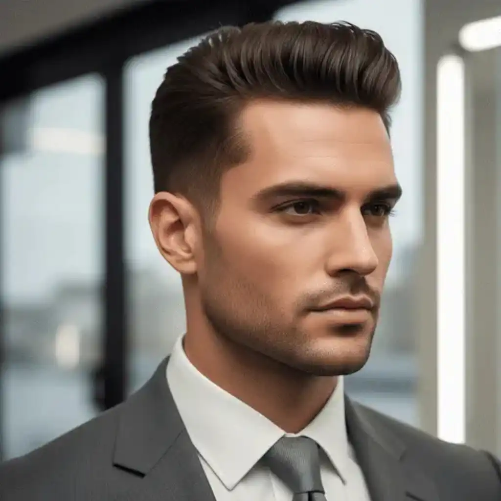 A man with MODERN MEN SHORT HAIRSTYLES in a sharp gray suit and tie stands confidently in a modern office setting with soft natural lighting.