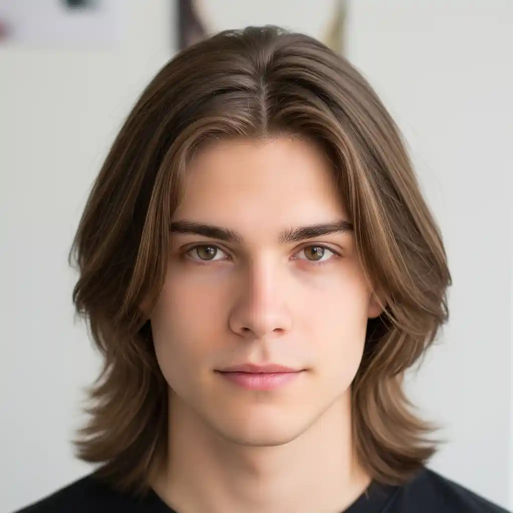 A young person with long, wavy hair showcasing young men hairstyles straight hair, centered against a light-colored background.