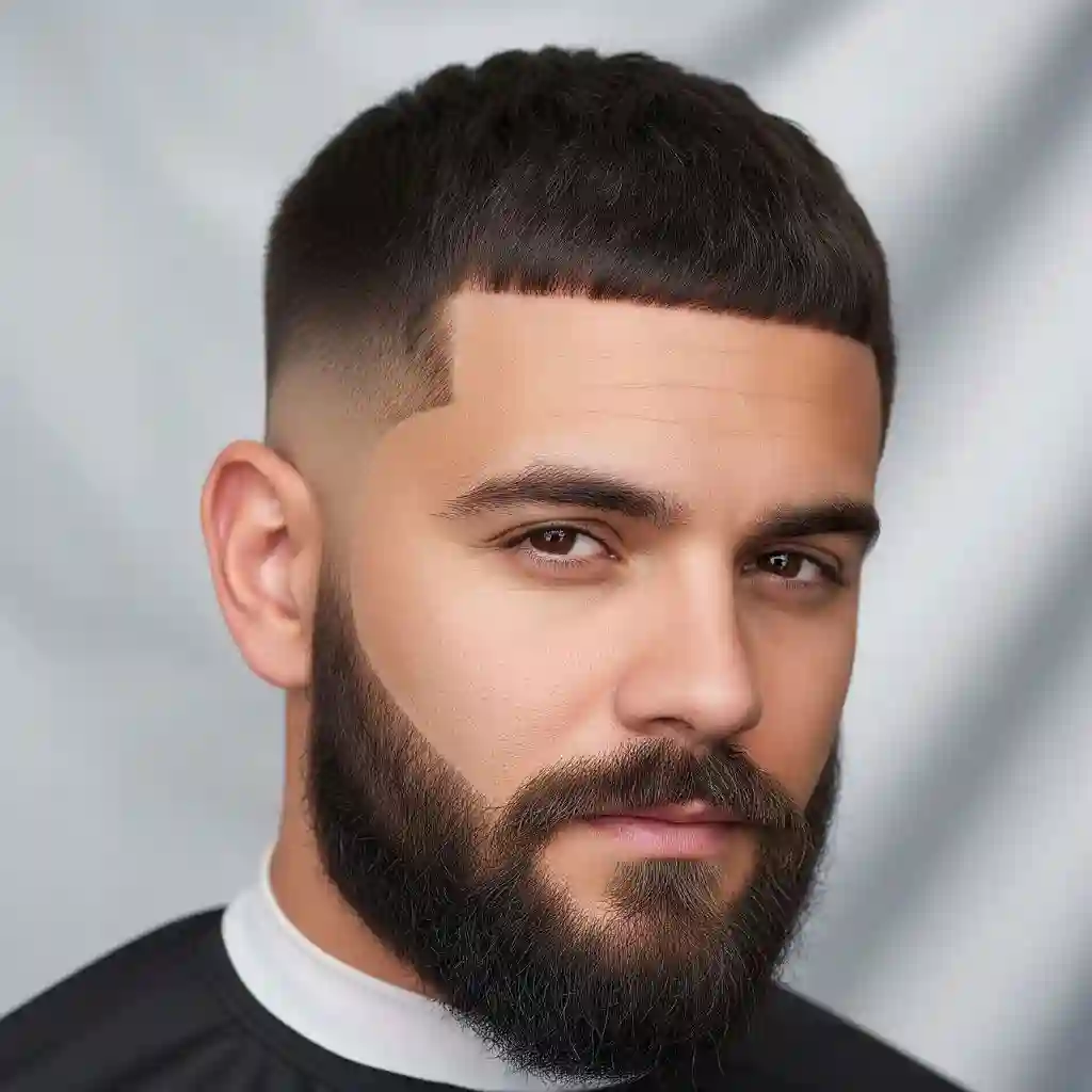 A close-up of a person with a neat, short haircut featuring men's crop & crew cuts, wearing a black cape, set against a softly blurred gray background.