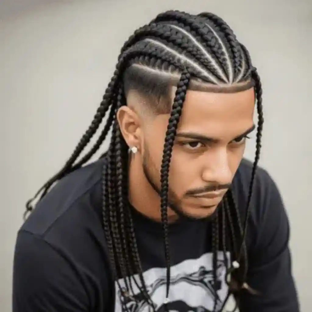 A person showcasing long hair styling for men with intricate braided hairstyles, wearing a black graphic sweatshirt, seated outdoors with a neutral background.