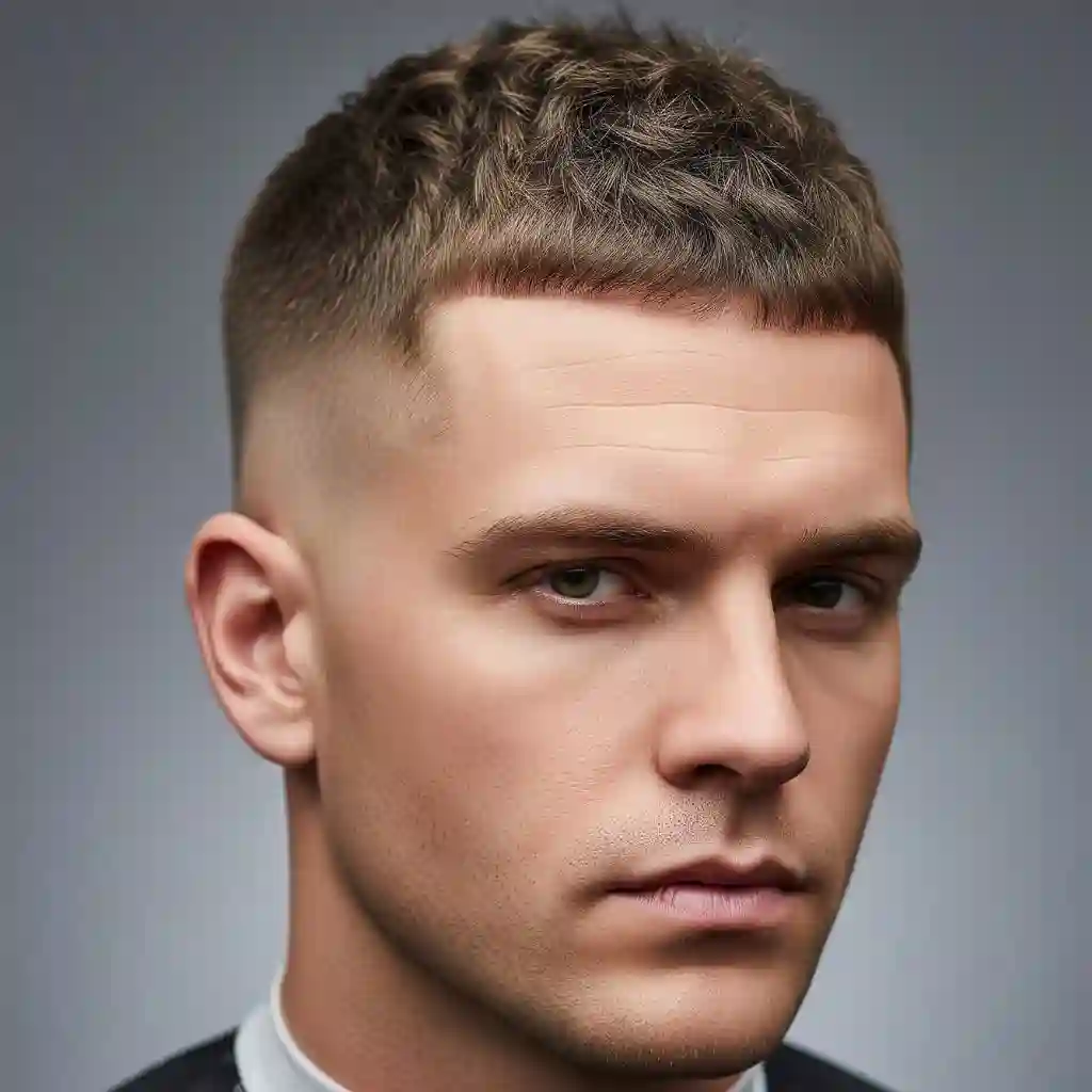 A close-up portrait of a young man with styled, curly hair featuring men's crop & crew cuts, wearing a formal suit against a gradient gray background.