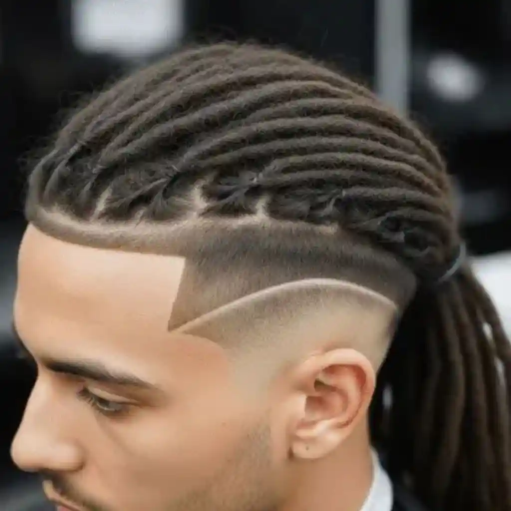 Close-up of a stylish hairstyle showcasing long hair styling for men, featuring thick, dark dreadlocks and intricate braids on top, complemented by a faded undercut.