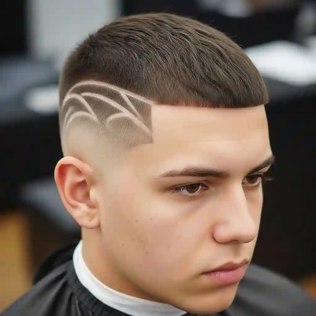 Close-up of a stylish short haircut featuring men's crop & crew cuts with intricate line designs shaved into the side, showcasing modern barbering techniques.