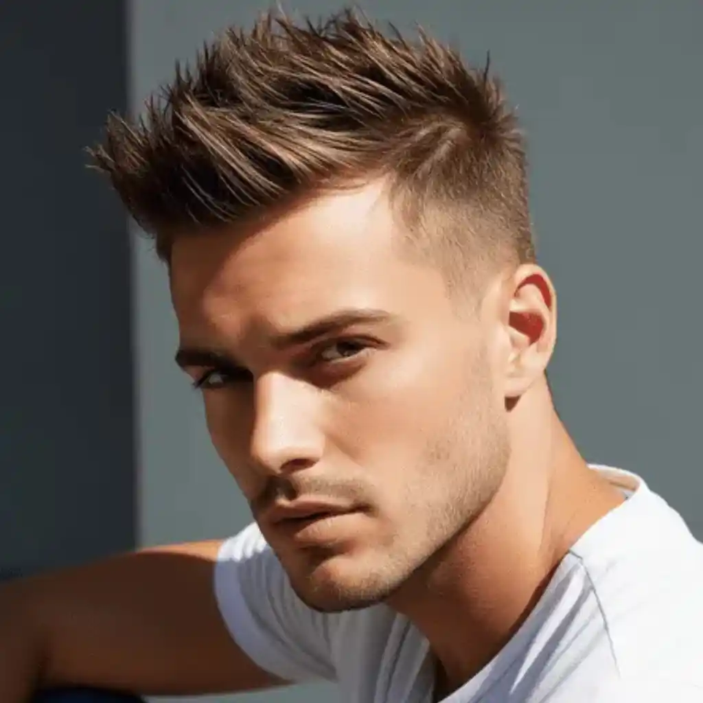 A young man with modern men short hairstyles sits casually, wearing a white t-shirt, against a modern, softly colored backdrop.