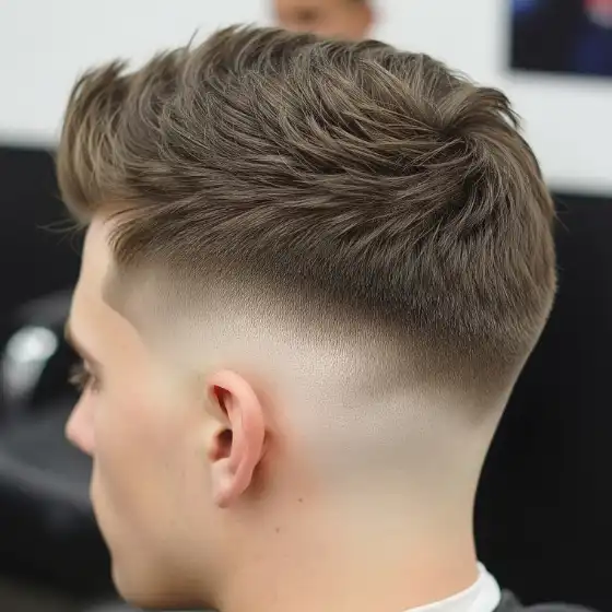 The Best Hairstyles for Drop Fade for Men 5 A close-up of a trendy textured haircut featuring short sides with a drop fade for men, blending into fuller, styled hair on top