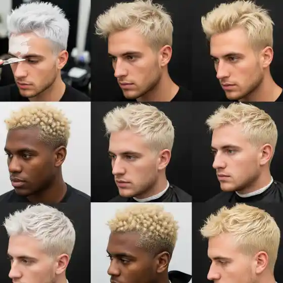 Nine-panel collage showing two men with different hairstyles. Styles include platinum and blonde shades, with varied textures. Focus on modern hair trends and bleached hairstyles men.