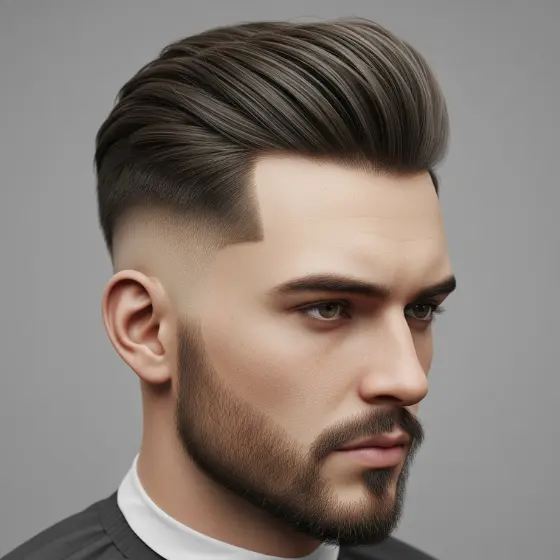 A stylishly groomed hairstyle featuring smooth, swept-back layers with a faded undercut, showcasing modern grooming trends and a drop fade for men.