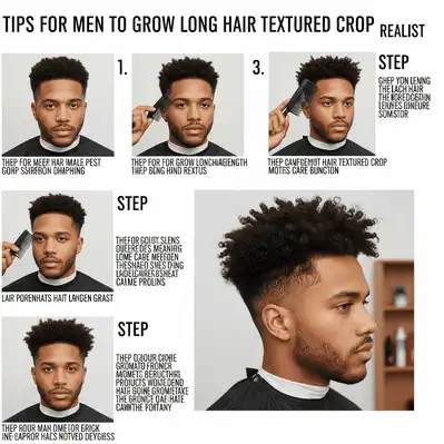 Infographic with steps for men to achieve a growing hair out hairstyle, featuring tips on hair care and styling techniques for long textured hair.